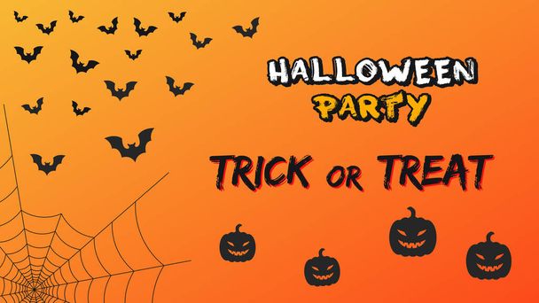 Vector horizontal background, banner. Halloween theme, bats, cobweb, pumpkin. Orange gloomy background. Trick or Treat, Party, Copyspace. - Vetor, Imagem