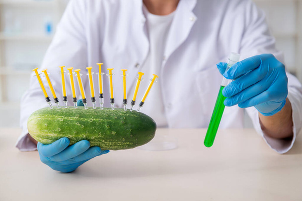 研究室での男性栄養専門家の試験野菜 - 写真・画像