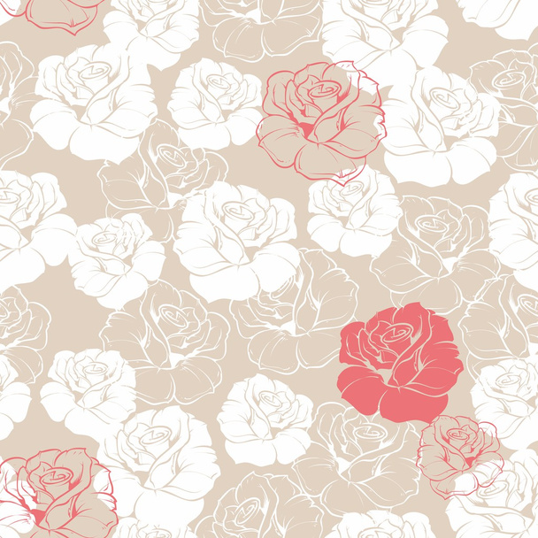 bezešvé retro vektor květinový vzor s klasické bílé a červené růže na béžové pozadí. Krásné abstraktní vinobraní textury s květinami a roztomilý zázemí pro web design nebo desktop tapety. - Vektor, obrázek