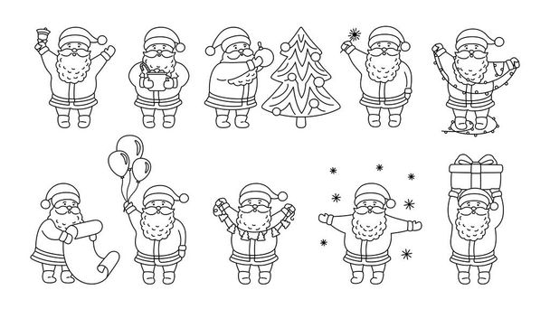 Navidad Santa Claus contorno plano conjunto línea vector - Vector, Imagen