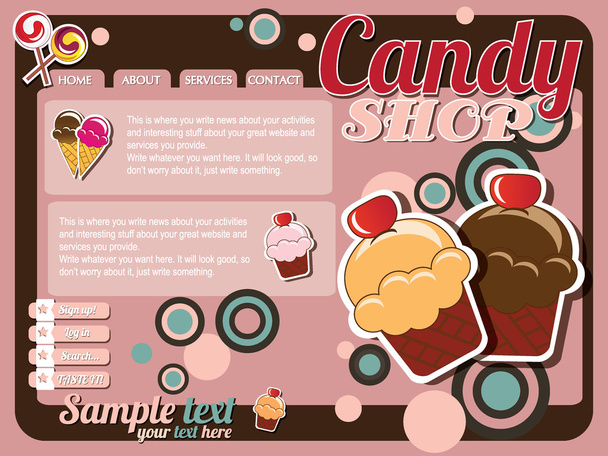 Website template elements, vintage style, candy shop - Vektor, obrázek