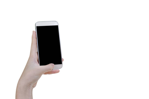 Frau benutzt Handy isoliert auf weißem Hintergrund, Clipping-Pfad - Foto, Bild