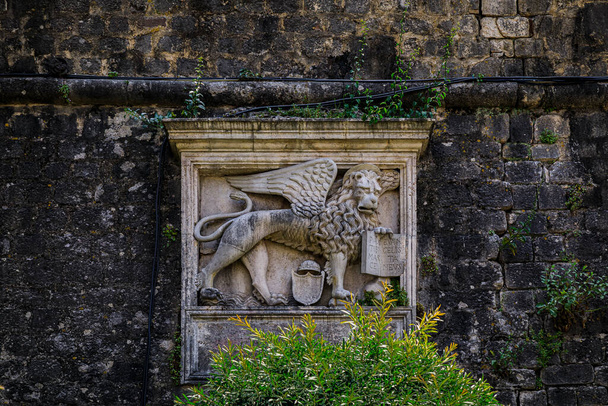 Φτερωτό λιοντάρι της Βενετίας στο τείχος της πόλης Κοτόρ, πρώην ενετικό φρούριο στο Μαυροβούνιο. Λατινικά στο βιβλίο Pax Tibi, Marce, Evangelista meus σημαίνει Ειρήνη σε σένα, Mark, Ευαγγελιστή μου - Φωτογραφία, εικόνα