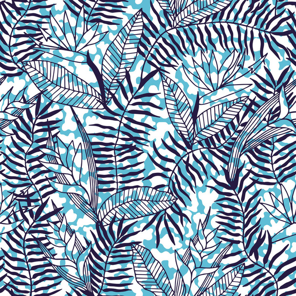 patrón sin costuras con hojas tropicales azules en blanco - Vector, imagen