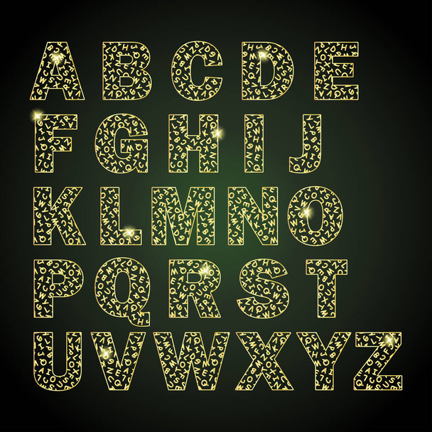 shiny golden font design, alphabet letters on green background - Vektor, Bild