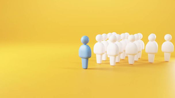 Leadership concept, Crowd of white men goes for the leader of the blue color on yellow background. - Фото, изображение
