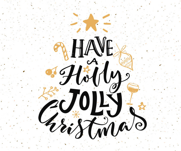 Prendi un messaggio di Natale con Holly Jolly. Progettazione di biglietti di Natale con tipografia e scarabocchi d'oro su sfondo bianco - Vettoriali, immagini
