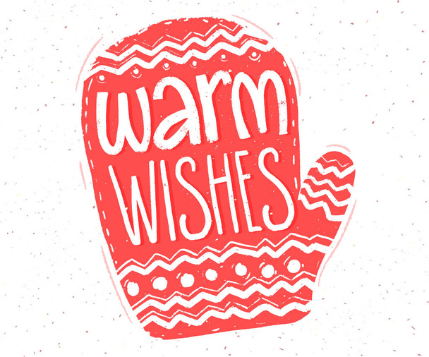 Warm wishes. Hand lettering in red mitten shape for Christmas cards and tags - Vecteur, image