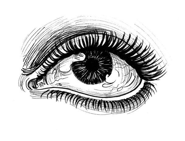Belle oeil de femme. Encre dessin noir et blanc - Photo, image