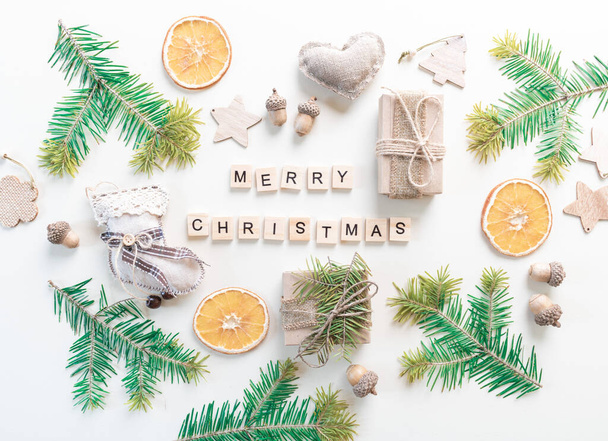 Christmas set. Zero waste concept. White background. Eco-friendly gift. Party packaging - Fotoğraf, Görsel
