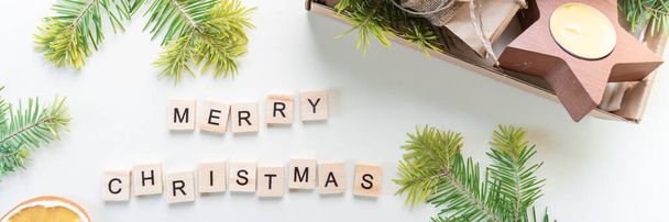 Christmas gift set. Eco friendly material. Zero waste. Wooden letters. Banner - Fotoğraf, Görsel
