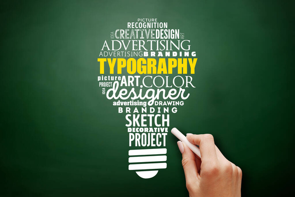 TYPOGRAPHY light bulb word cloud collage, creative business concept background on blackboard - Фото, зображення