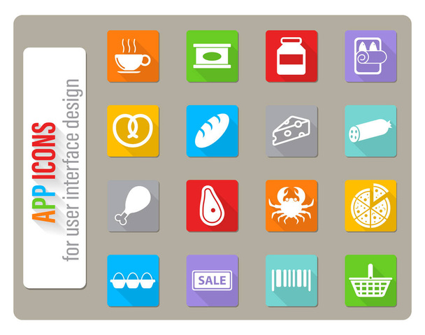 Ikony potravin v plochém designu s dlouhým stínem - Vektor, obrázek
