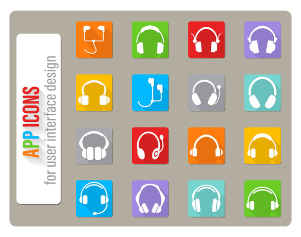 ícones de fones de ouvido definidos em design plano com sombra longa
 - Vetor, Imagem