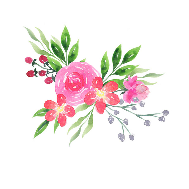 Pink rose and green leaves bouquet on white background. Hand drawn watercolor illustration. - Foto, afbeelding
