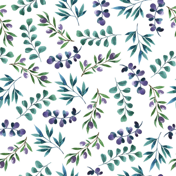 Seamless pattern with decorative violet, blue and green branches. Hand drawn watercolor illustration. - Foto, immagini