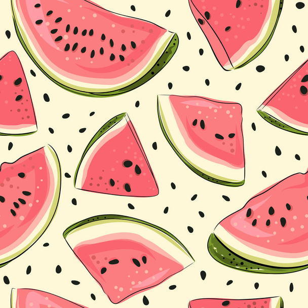 Watermelon seamless pattern. Hand drawn watermelon slice and seeds. Vector illustration for textile, paper and other products. Bright colored pink and red slices of berries on a white background. - Vektör, Görsel