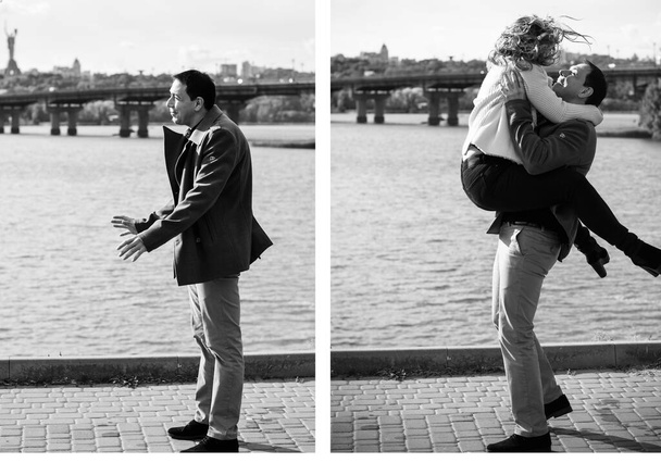 Happy middle age couple in love having fun outdoors and smiling. Romantic happy couple kissing and hugging. Sentimental happy couple in love bonding - Fotoğraf, Görsel