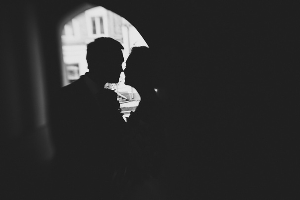 silhouet van een jonge bruid en bruidegom - Foto, afbeelding