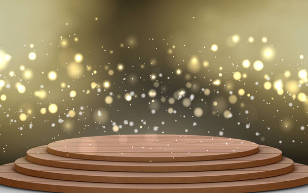 wooden stage with bokeh light and gold smoke in the dark room - Vector, Image