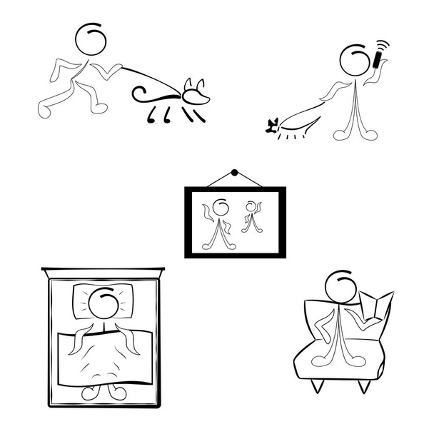 Een set personages van vakantiegangers, mensen thuis en honden uitlaten, een miniatuurtafereel met een man in een stoel met een boek en een slapende man in bed, de foto hangt aan de muur - Vector, afbeelding