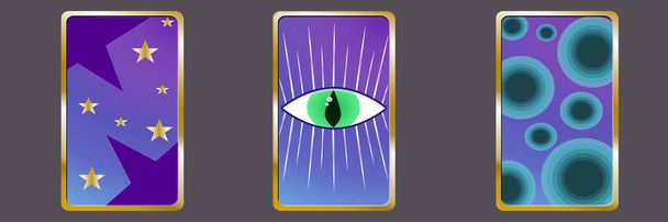 A set of Tarot cards are isolated on a dark background for the brightness of the Golden outline. On the maps, the all-seeing eye, stars and circles. Illustration done in cartoon style. - Vector, Image