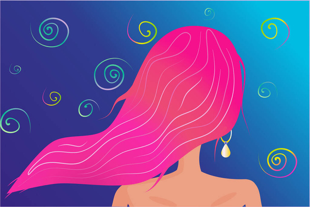 ピンクの髪の女の子。10代の少女を夢見て。漫画風のイラスト。大きなイヤリングを持つ女性。明るい色、明るい青の背景と明るいピンクの髪。女の子の周りの多色のカール. - ベクター画像