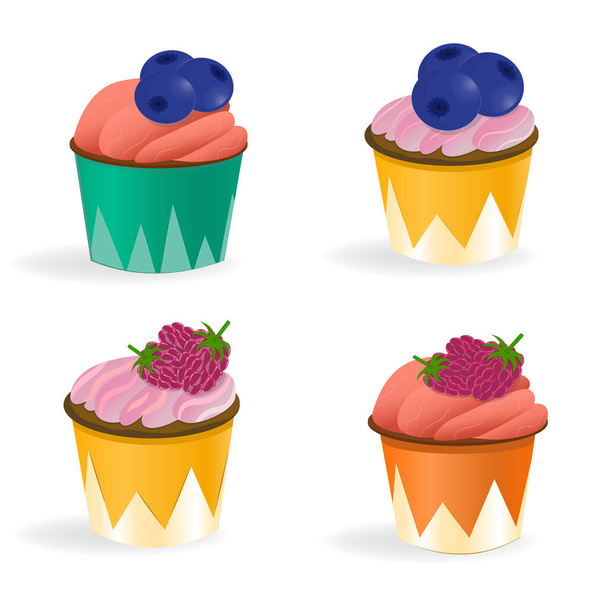 Set of 4 cupcakes isolated on a white background. Illustration in cartoon style. Cupcakes with cream, raspberries and blueberries. Dessert cups yellow, green and orange. - Vector, Image