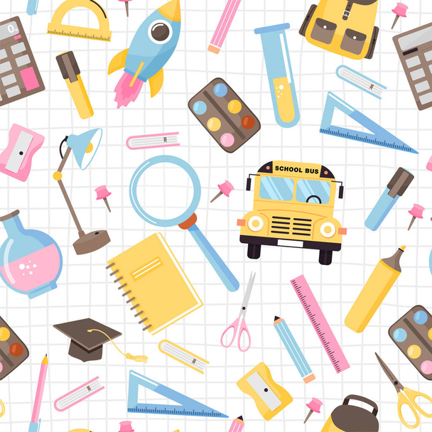 Seamless pattern with various school supplies. Back to school illustration on checkered background. - Vector, Image
