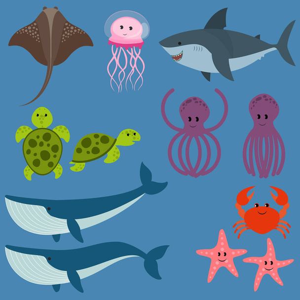 Deniz hayvanları düz vektör çizimi Çizgi film hayvanları  - Vektör, Görsel
