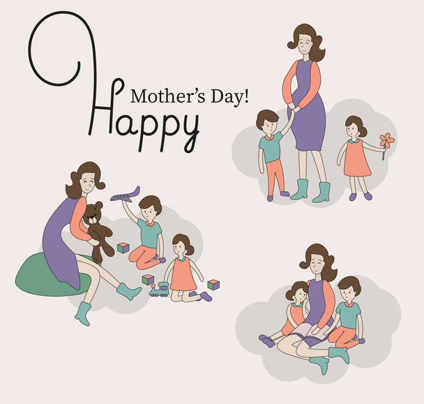 Happy mothers day flat vector illustration. Gift card design, mother and kids - Vector, Image