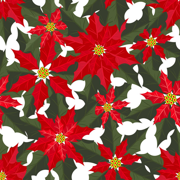 Roter Weihnachtsstern, Weihnachtsblumen mit Blättern ohne nahtloses Muster auf weißem Hintergrund. Niedliche Weihnachtsfeiertage nahtlose Muster. Design für den Winterurlaub Grußzeit. Vektorillustration. - Vektor, Bild