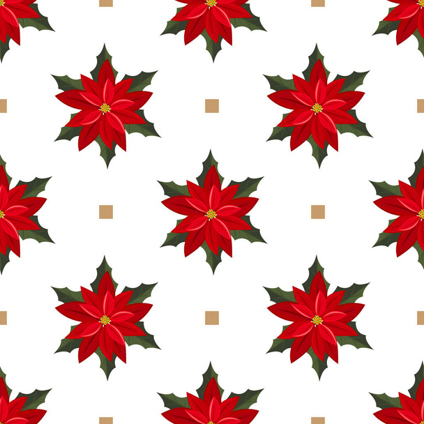 Kırmızı noktalı yıldız, Noel çiçekleri beyaz arka planda pürüzsüz bir desen oluşturur. Kış tatilleri için mükemmel bir Noel tatili tasarımı. Vektör illüstrasyonu. - Vektör, Görsel