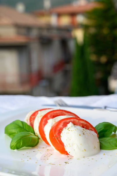 Fresh Caprese salad made with soft white italian cheese mozzarella buffalo, green basil, red tomatoes and origano herb - Photo, Image