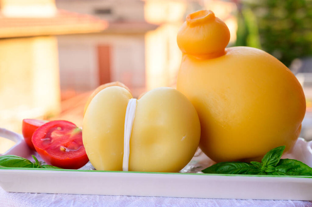 Cheese collection, Italian cheeses provolone, caciocavallo, scamorza made from sheep or cow milk in South Italy, white and yellow smoked, served outdoor in Italian village - Photo, Image