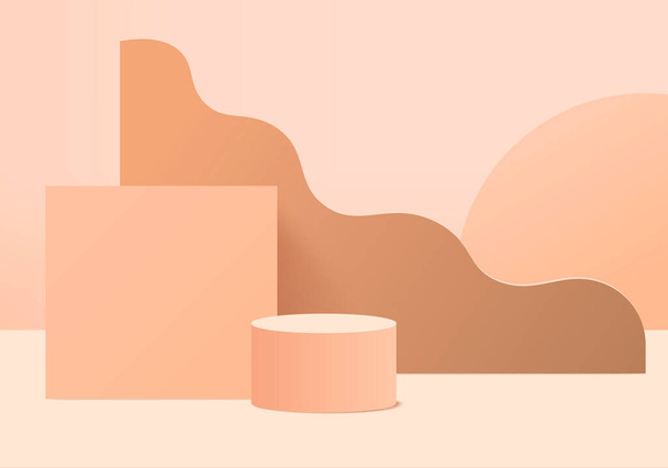 Vector de fondo 3d renderizado rosa con podio y escena de pared mínima, fondo abstracto mínimo 3d renderizado forma geométrica abstracta naranja pastel color. Escenario para premios en la web en moderno. soporte 3d para productos cosméticos show. - Vector, imagen