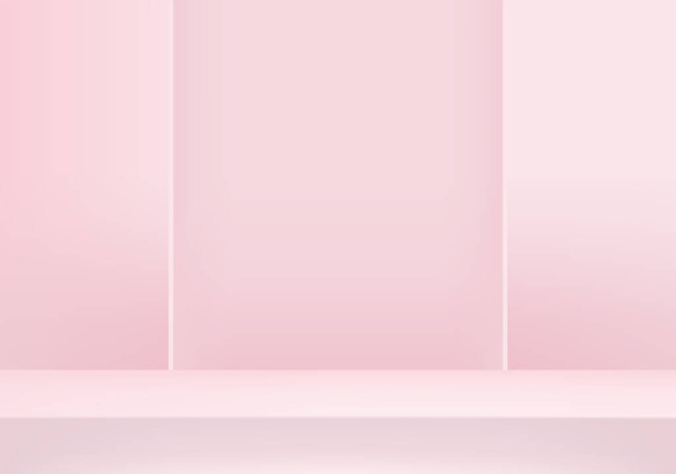 背景ベクトルの3Dピンクのレンダリングと表彰台と最小限のピンクの壁のシーン、最小限の抽象的な背景の3Dレンダリング抽象的な幾何学的な形状のピンクパステルカラー。現代のウェブサイト上の賞のためのステージ。化粧品を展示するためのスタンド3D. - ベクター画像