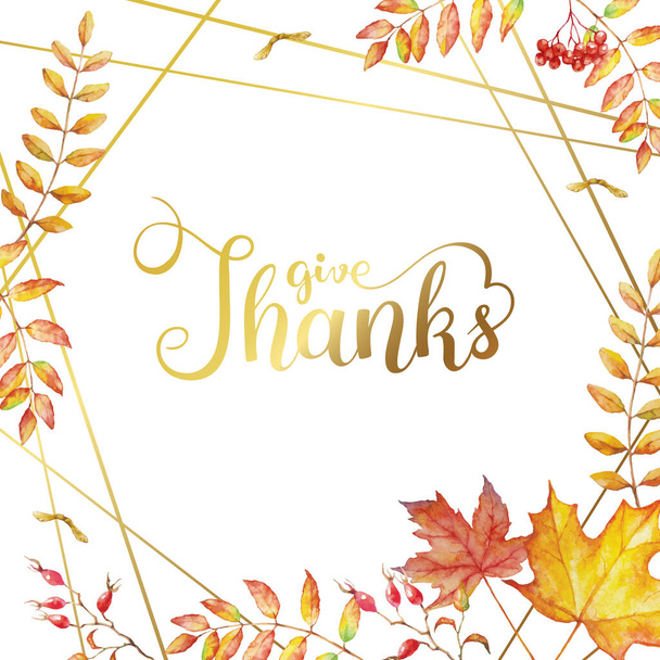 Happy thanksgiving text with watercolor autumn leaves isolated on white background. Autumn illustration for greeting cards, invitations, quote and decorations. - Vector, Image