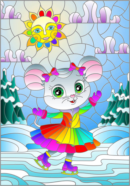 Illustration im Glasmalereistil mit einer niedlichen Cartoon-Maus auf Schlittschuhen auf dem Hintergrund einer Winterlandschaft - Vektor, Bild