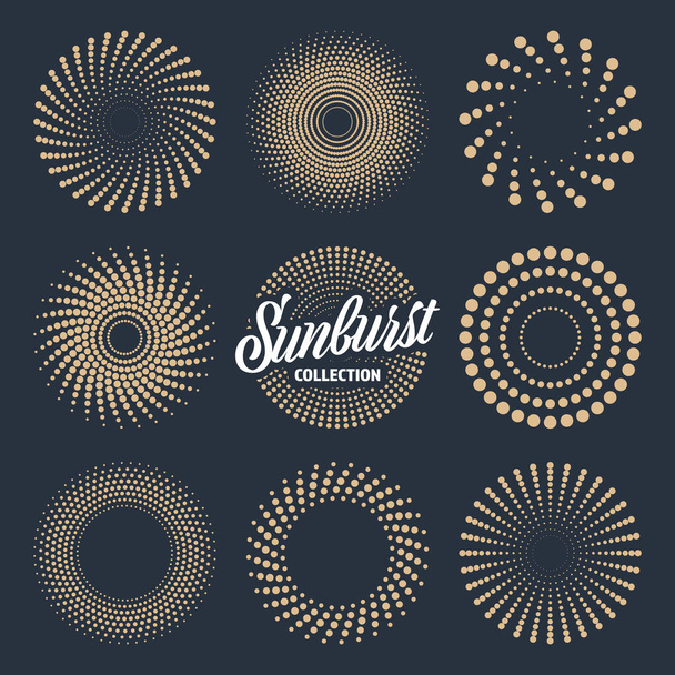 Vintage sunburst collection. Bursting sun rays and dots. Fireworks. Logotype or lettering design element. Radial sunset beams. Vector illustration. - Vector, Image