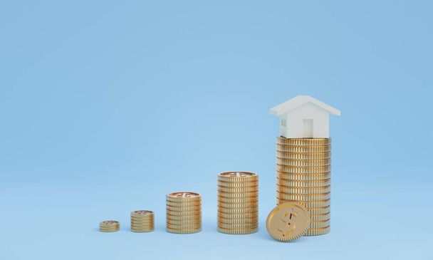 3D render image of coin stacks with pink house on top, concept of saving money or investment for future property - Photo, Image