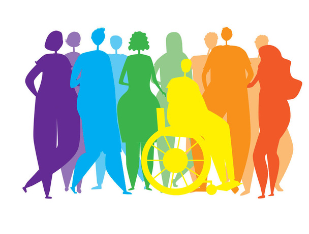 Siluetas de personas, hombres, mujeres, discapacitados en silla de ruedas como fin a la inclusión de la comunidad lgbtq, tolerancia, lucha por la igualdad, orgullo, colores del arco iris. Ilustración de stock vectorial con homosexuales aislados sobre un fondo blanco - Vector, Imagen