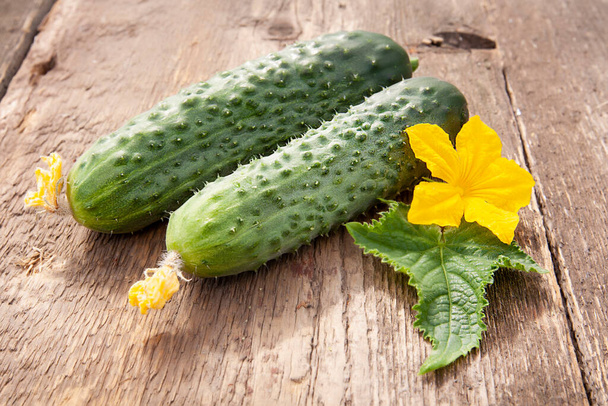 Twee jonge groene komkommers en een bloem met een blad op een oude houten tafel - Foto, afbeelding