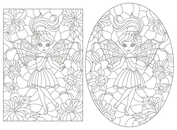 Conjunto de ilustraciones de contorno de vidrieras con hadas sobre un fondo de flores, contornos oscuros sobre un fondo blanco - Vector, Imagen