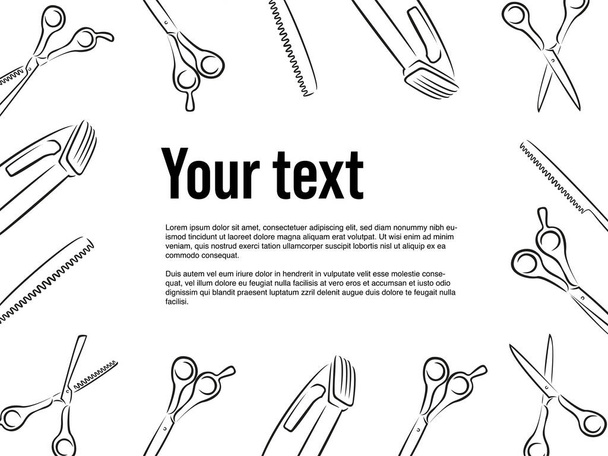 Hairdresser poster or page for site. Professional scissors for haircuts. Template for hairdressing courses. Virtual background. - Vector, Image