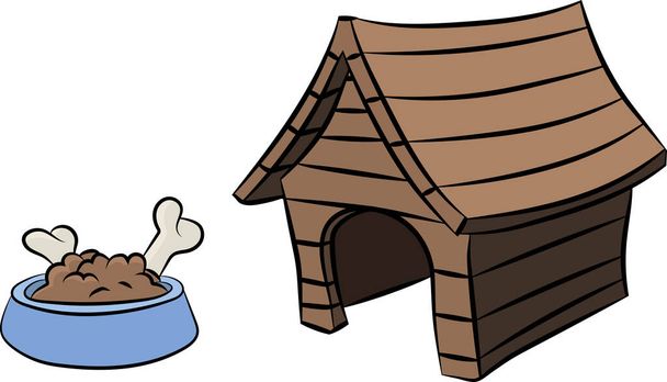 Desenhos animados casa de cachorro de madeira e uma tigela de cachorro cheia de alimentos e ossos
 - Vetor, Imagem