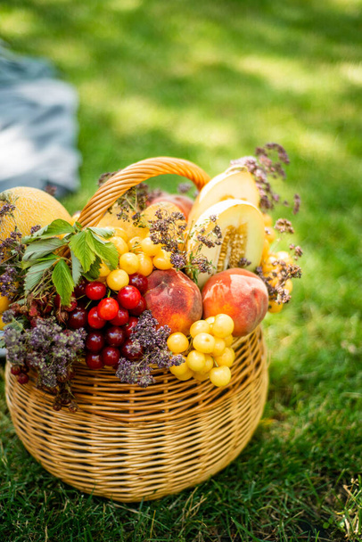 Basket of fresh organic fruits in the garden. High quality photo - Photo, Image