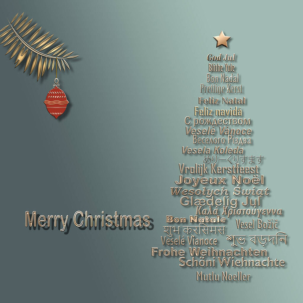 Greeting Christmas card with multi languages words Merry Christmas in shape of pine tree and hanging red ball on pastel green background. 3D illustration - Photo, Image