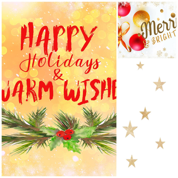 Weihnachten Urlaub Hintergrund rot gold Kugel blau Schneeflocken Zitate Text Vorlage Illustration Banner Collage - Foto, Bild
