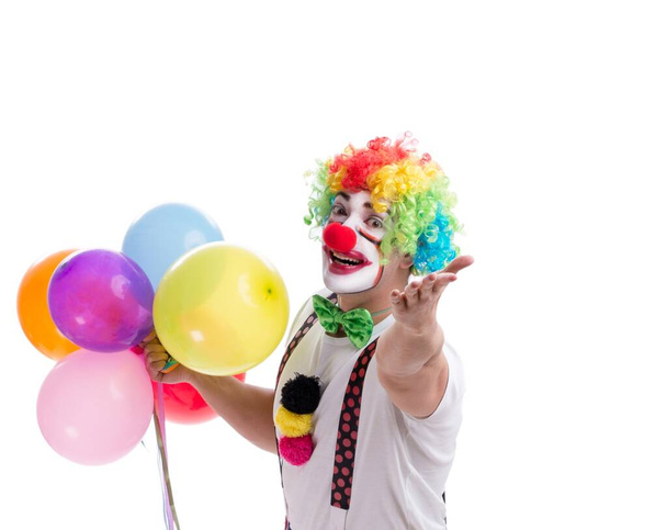 Grappige clown met ballonnen geïsoleerd op witte achtergrond - Foto, afbeelding
